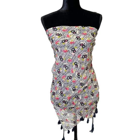 Unbranded Scarf Womens Square Black White Pink Floral Flower Tassel Semi Sheer - Picture 1 of 10